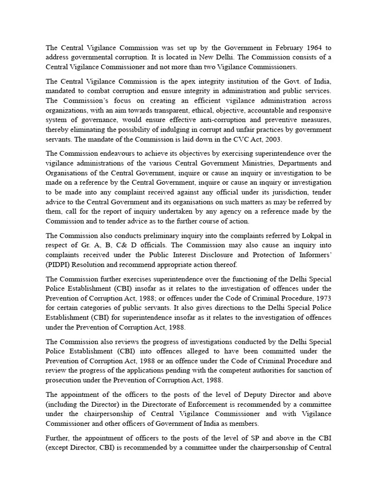 Central Vigilance Commission Overview | PDF | Justice | Crime & Violence