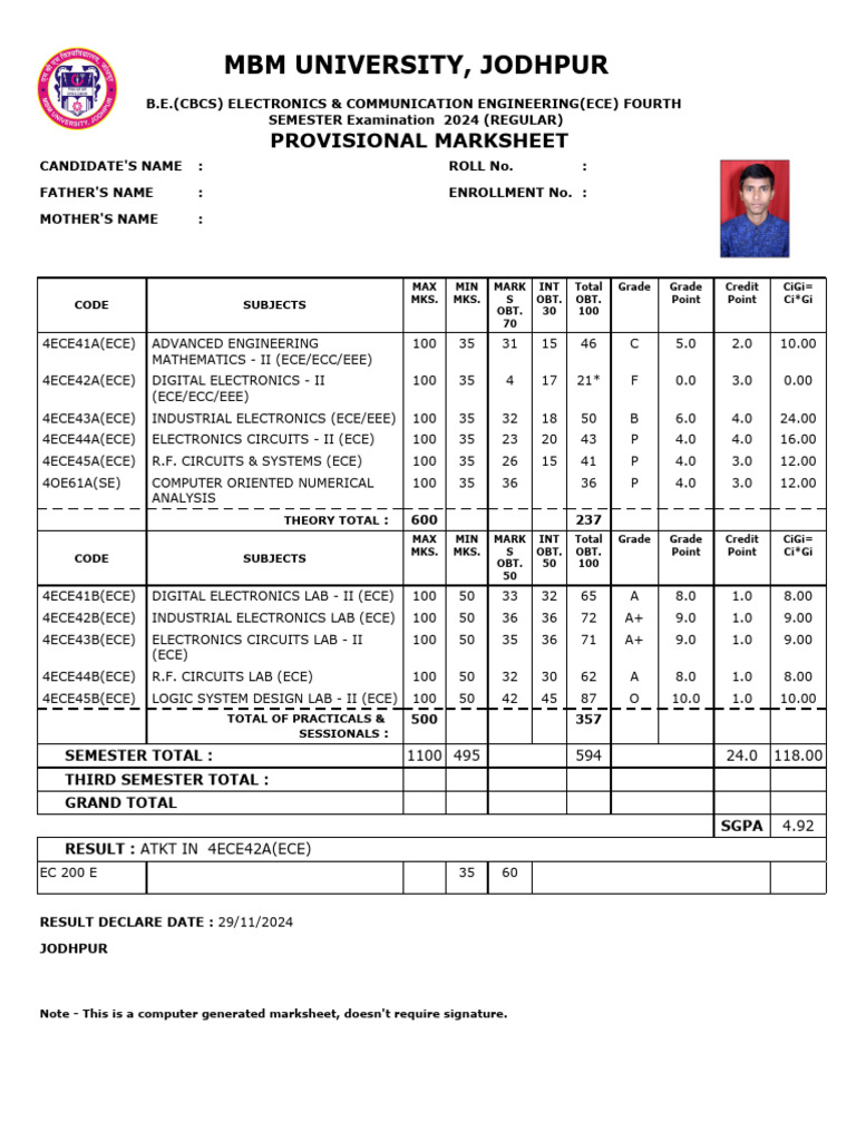 ECE 4th Semester Provisional Marksheet 2024 | PDF | Electronic ...