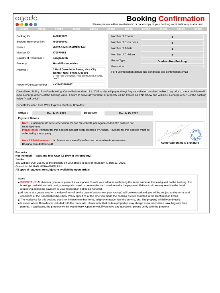 Confirmation For Booking ID # 1462475821 | PDF | Payments