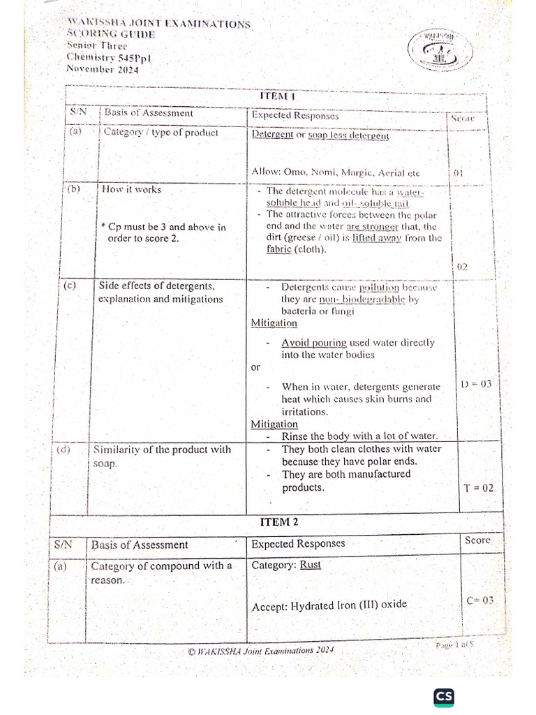s3 Chemistry Marking Guide | PDF