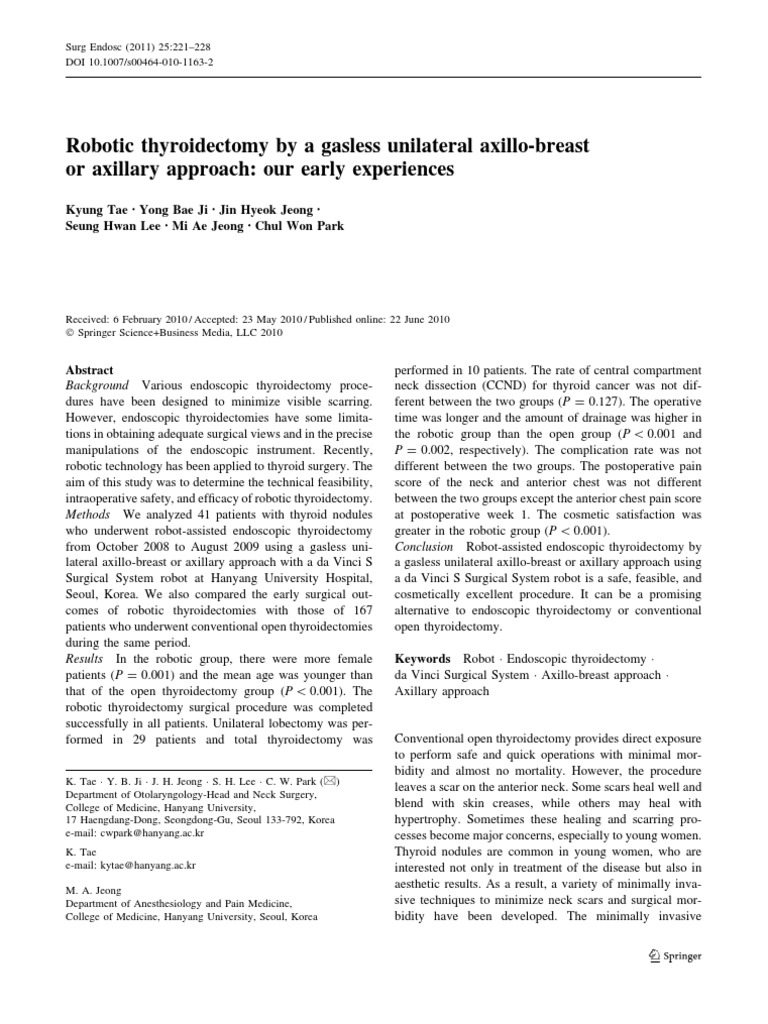 Robotic Thyroidectomy via Axillary Approach | PDF | Surgery | Thyroid