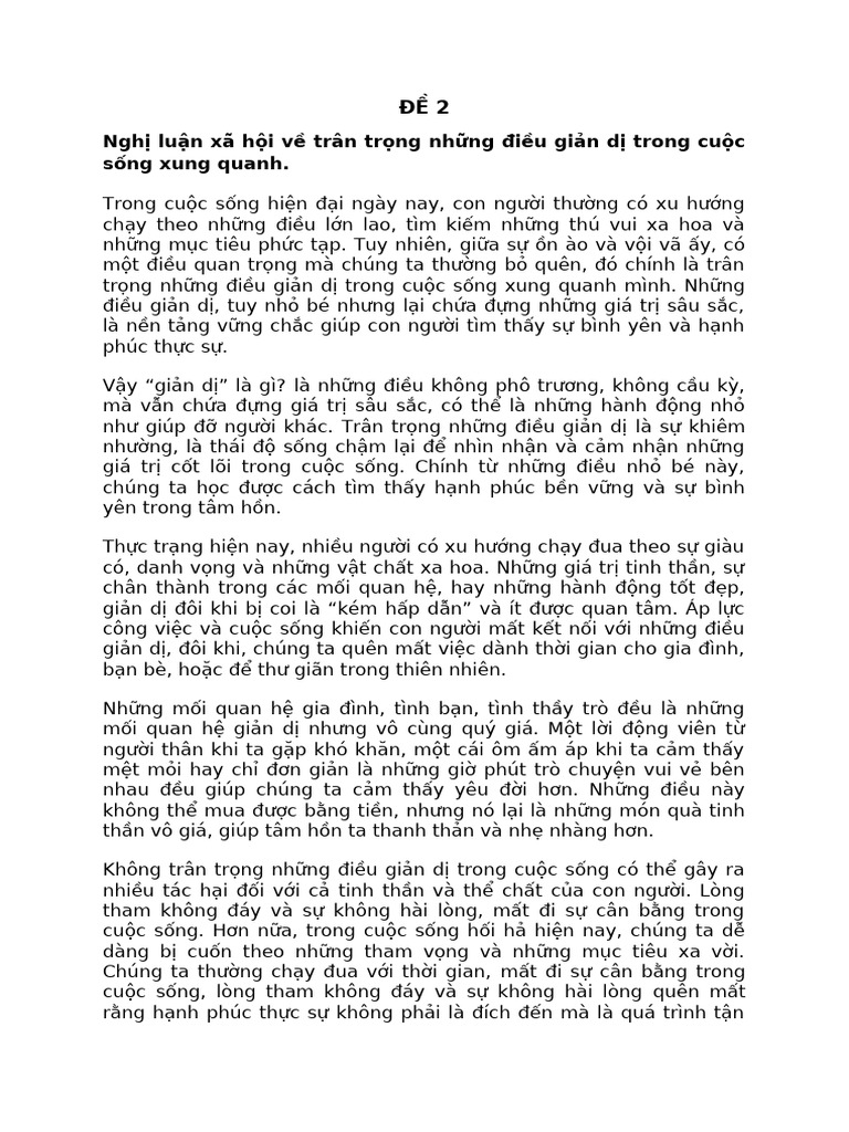 ĐỀ 2 TRÂN TRỌNG NHỮNG ĐIỀU GIẢN DỊ | PDF
