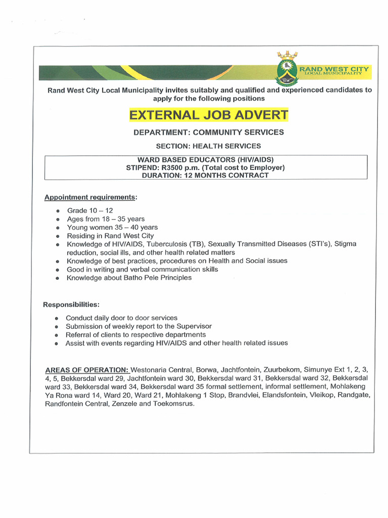 HIV AIDS Ward Based Educators Job Advert | PDF