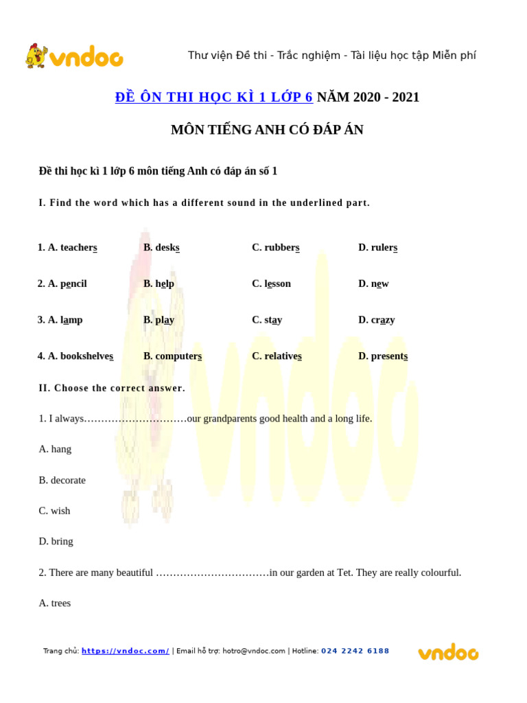 Bo de Thi Hoc Ky 1 Mon Tieng Anh Lop 6 Co Dap An | PDF