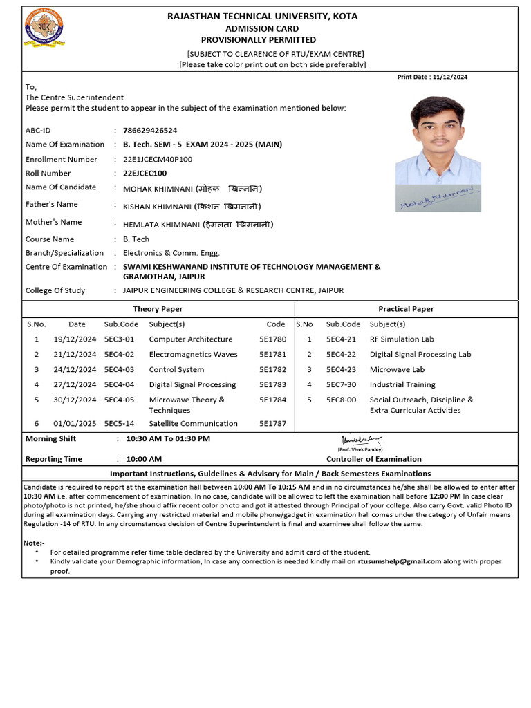 B.Tech Sem 5 Exam Admit Card | PDF | Electronics | Information And ...