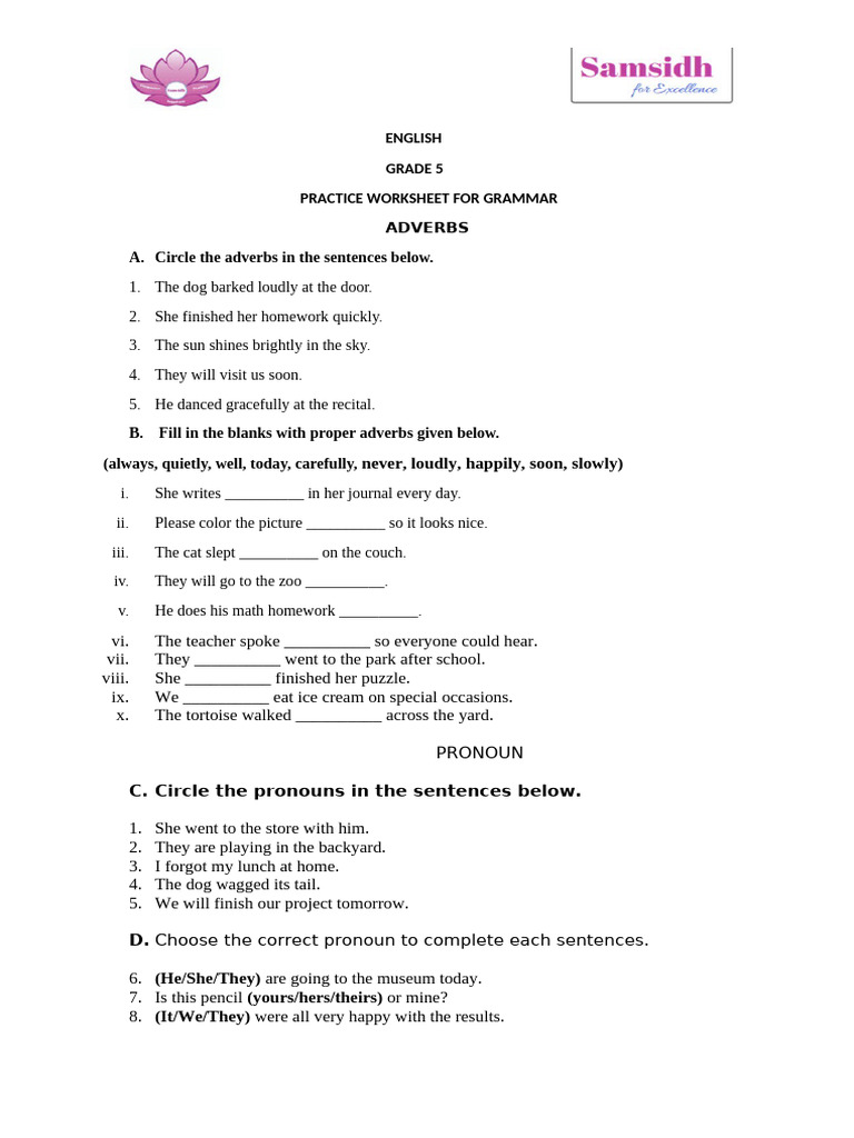 Grade 5 Adverbs and Pronouns Worksheet | PDF