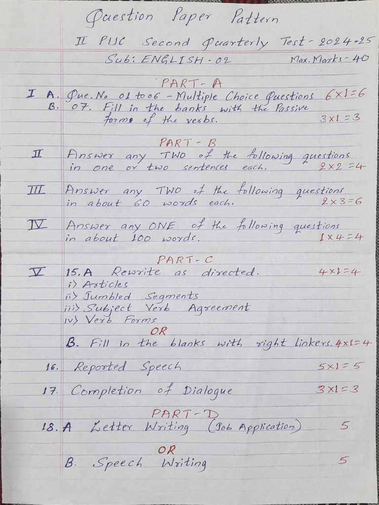 PU 2 English QP Pattern & Syllabus Portion of 2nd Quarterly Test. | PDF