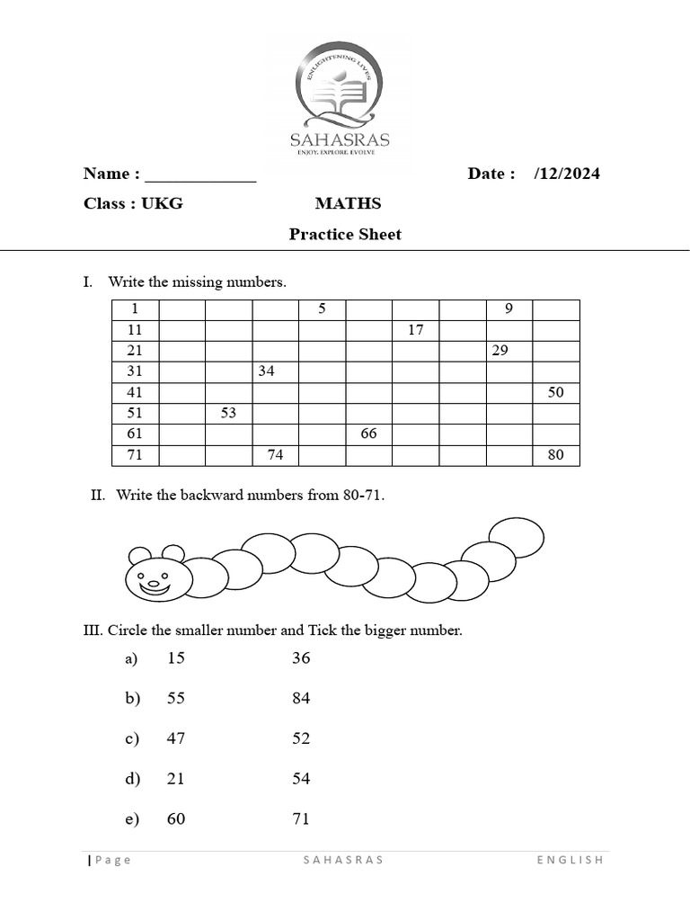 UKG Math Practice Sheet | PDF