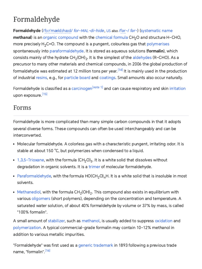 Formaldehyde - Wikipedia | PDF | Formaldehyde | Chemistry