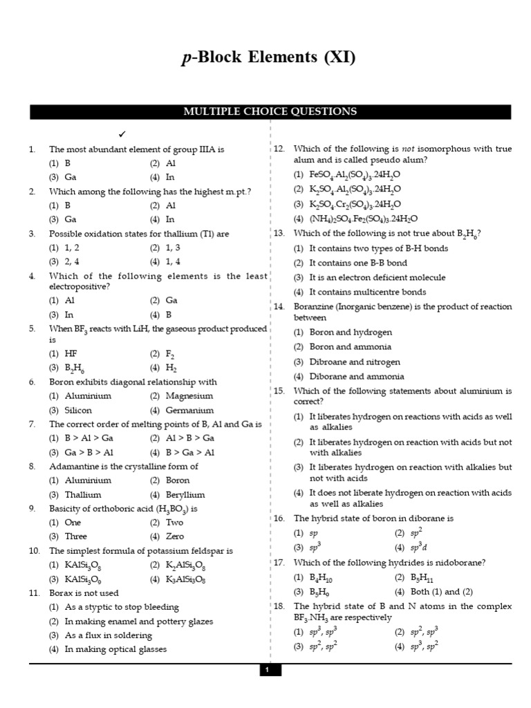 p-Block Elements MCQ Question Bank | PDF | Aluminium | Silicon