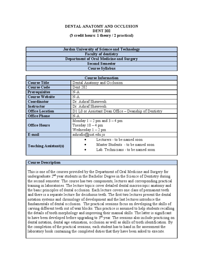 DENT 202 Course Syllabus Dental Anatomy Physiognomy