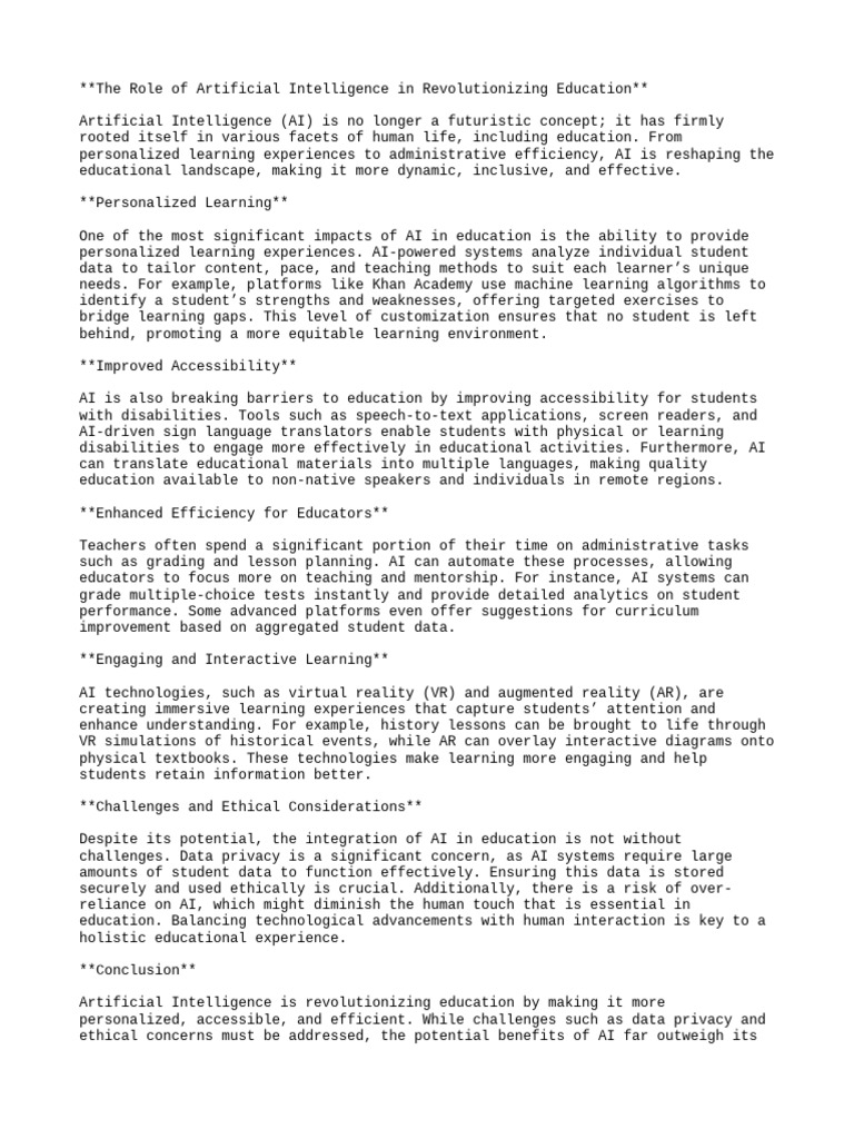 The Role of AI in Revolutionizing Education | PDF | Artificial ...