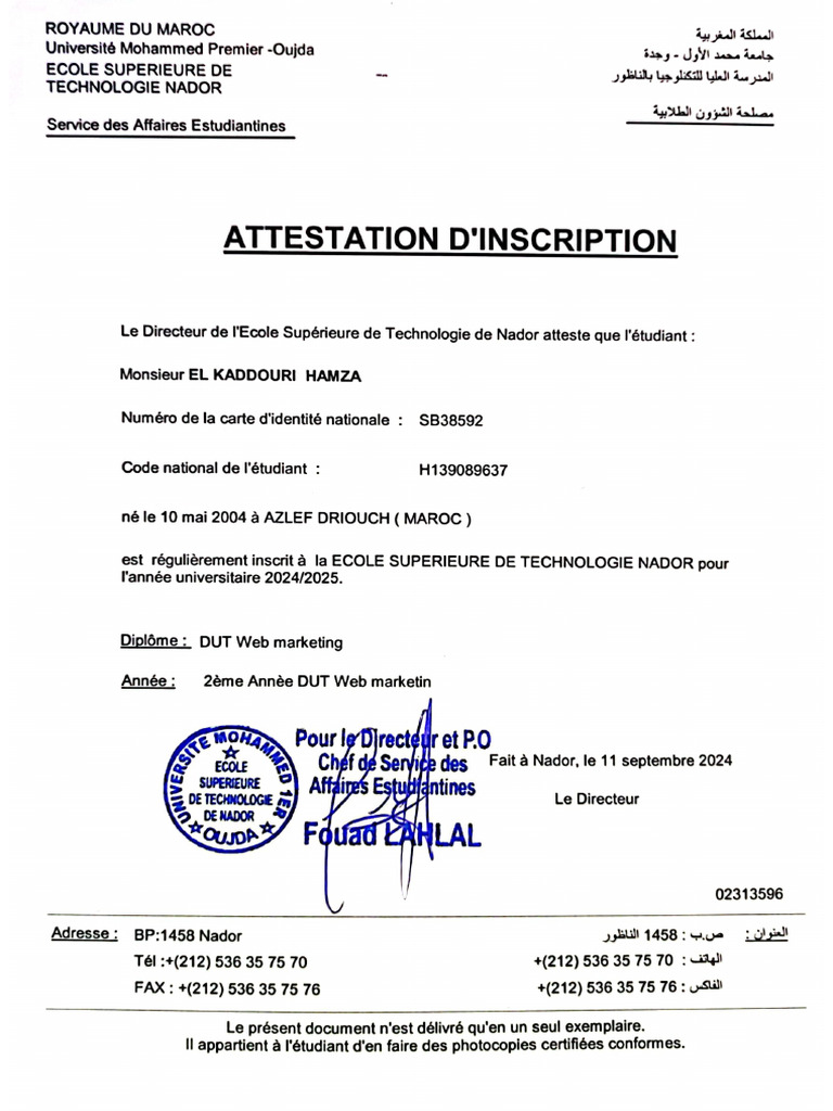 Attestation D'inscription | PDF