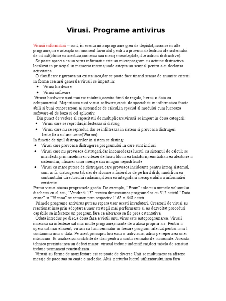Virusi. Programe Anti Virus. | PDF