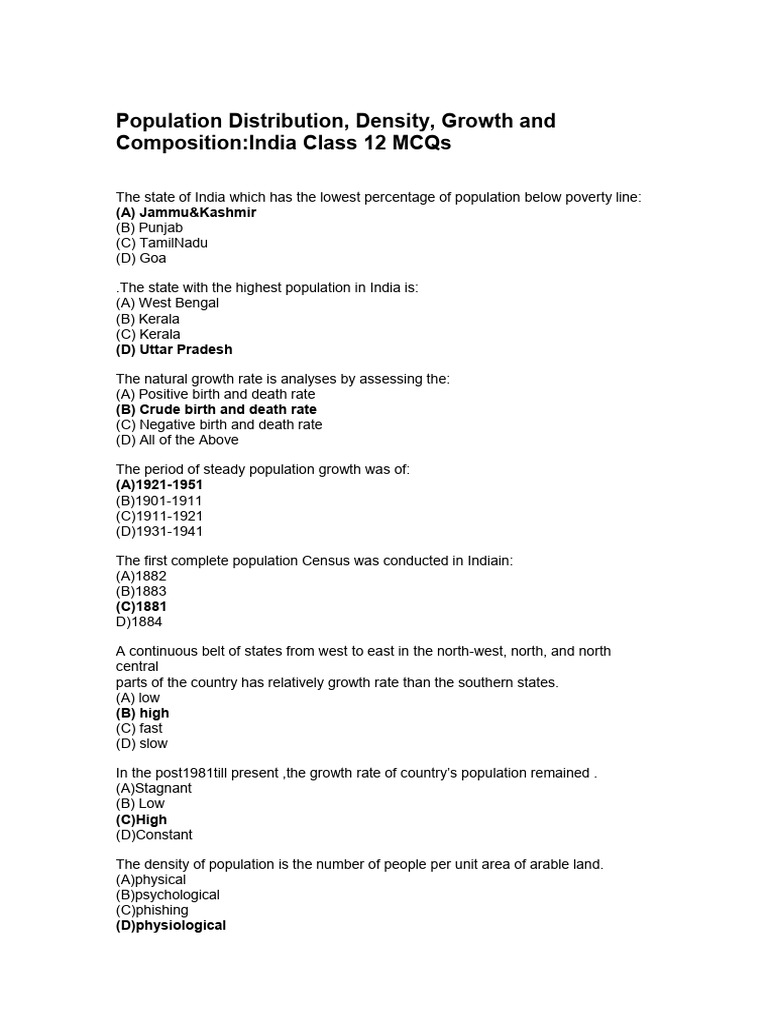 India Population Growth & Density MCQs | PDF