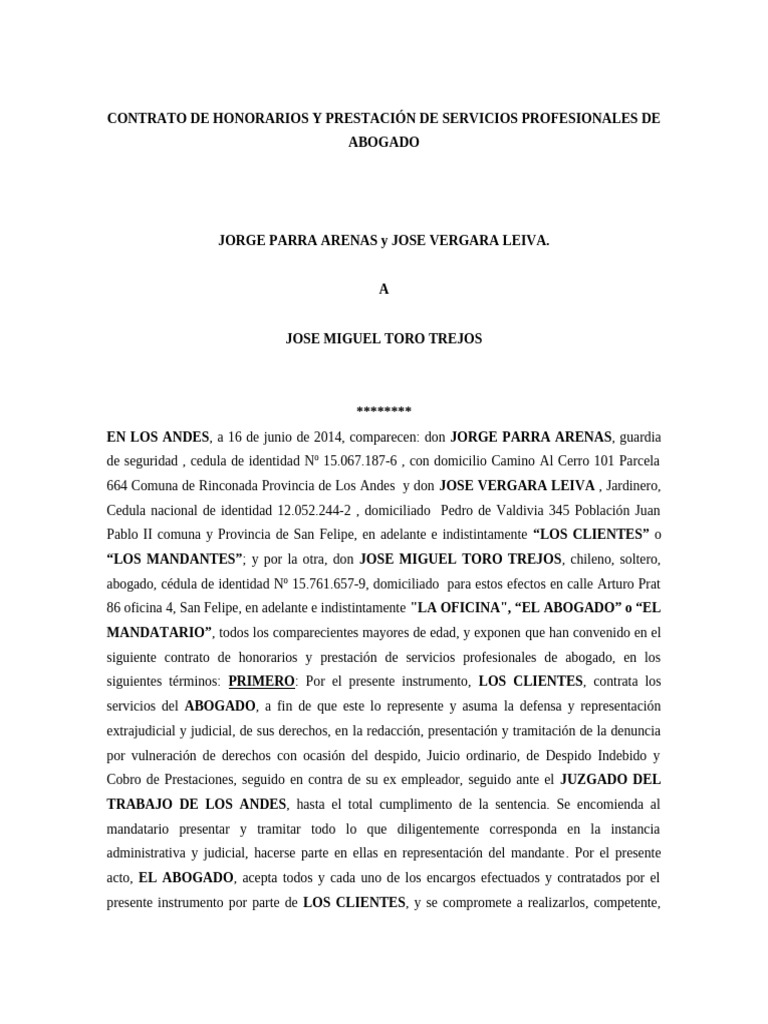 Contrato de Honorarios y Prestación de Servicios Profesionales Formato ...
