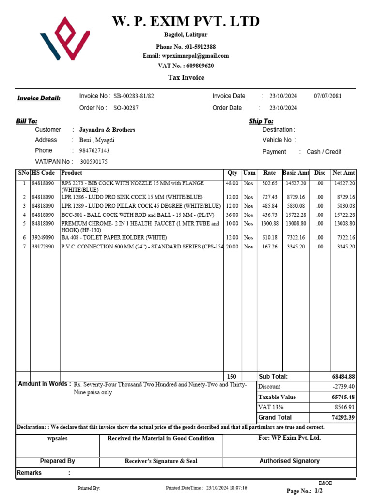 Invoice for Plumbing Supplies | PDF | Invoice | Taxes