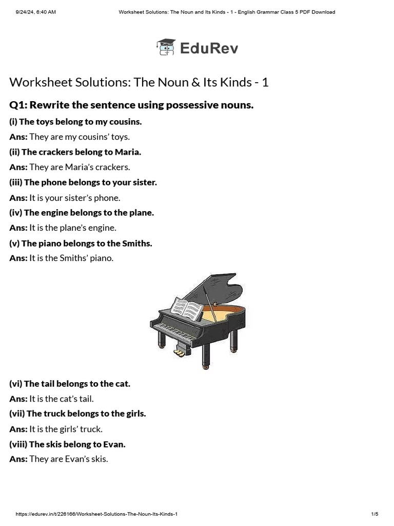 Worksheet Solutions - The Noun and Its Kinds - 1 - English Grammar Class 5  PDF Download | PDF | English Grammar | Grammatical Gender