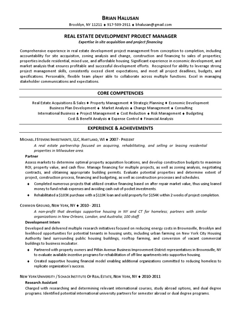 Real Estate Development Project Manager in NYC Resume Brian Halusan