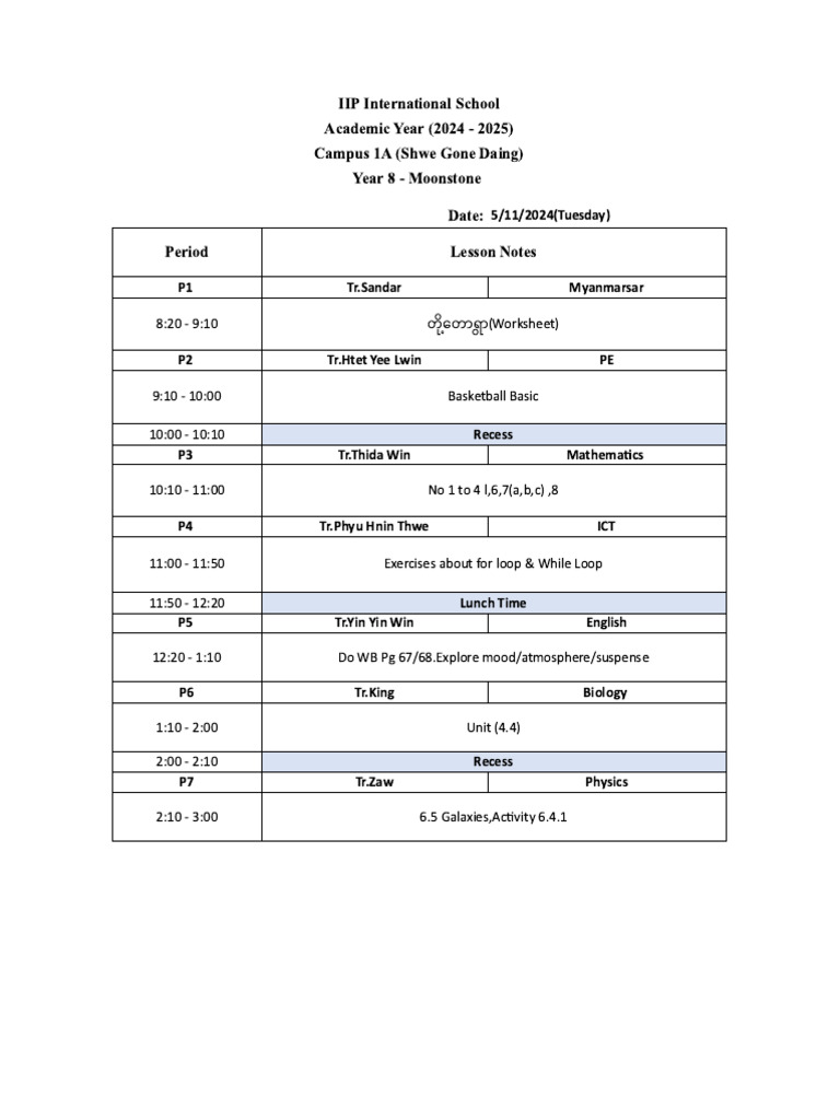8 Moonstone Class Diary (5.11.2024) | PDF
