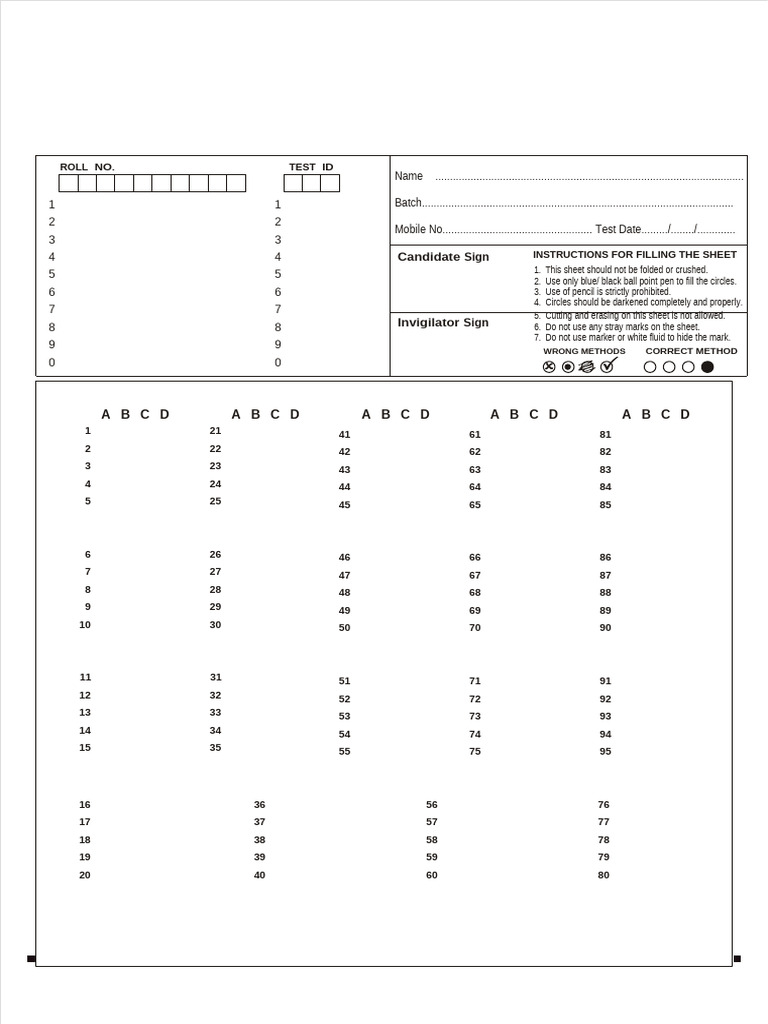 OMR Sheet Instructions for 100 Questions | PDF | Writing Implements ...