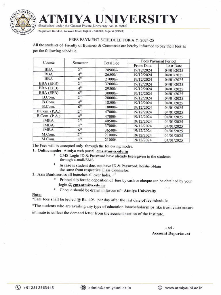 FOBC Fees Payment Schedule For A.Y. 2024-25 (BBA, BBA (FEB), BCom, iMBA ...