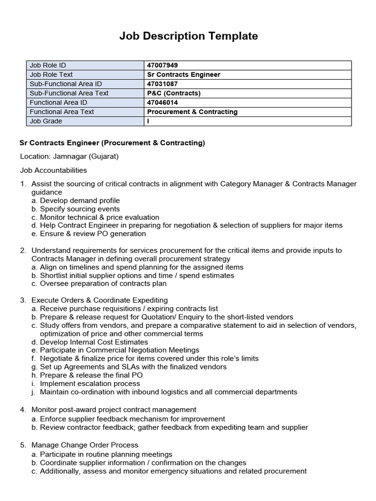 JD - SR Contracts Engineer | PDF | Procurement | Business