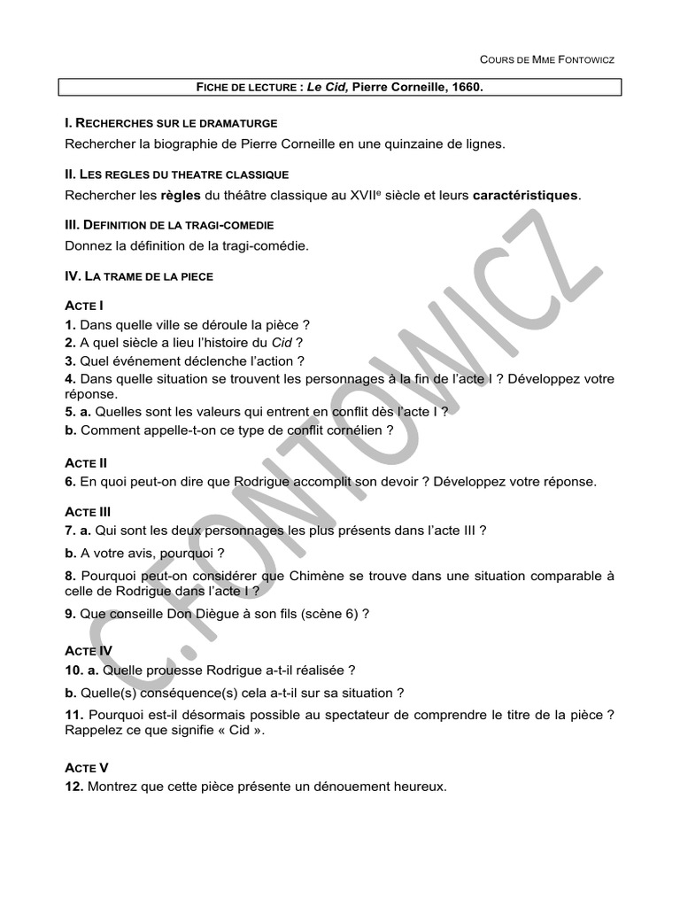 Fiche lecture Le Cid Corneille | PDF