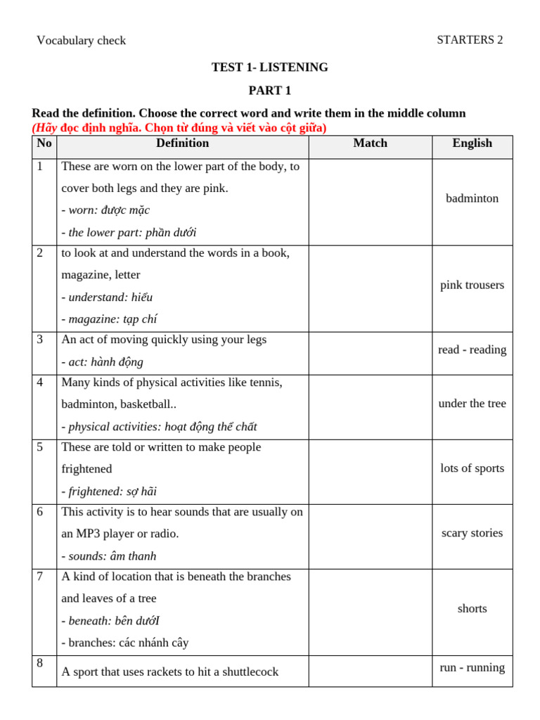 Vocabulary Test for Starters 2 | PDF
