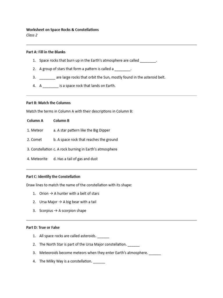 Space Rocks and Constellations Worksheet | PDF