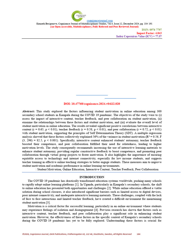 Factors Influencing Student Motivation in Online Education: A Study of ...