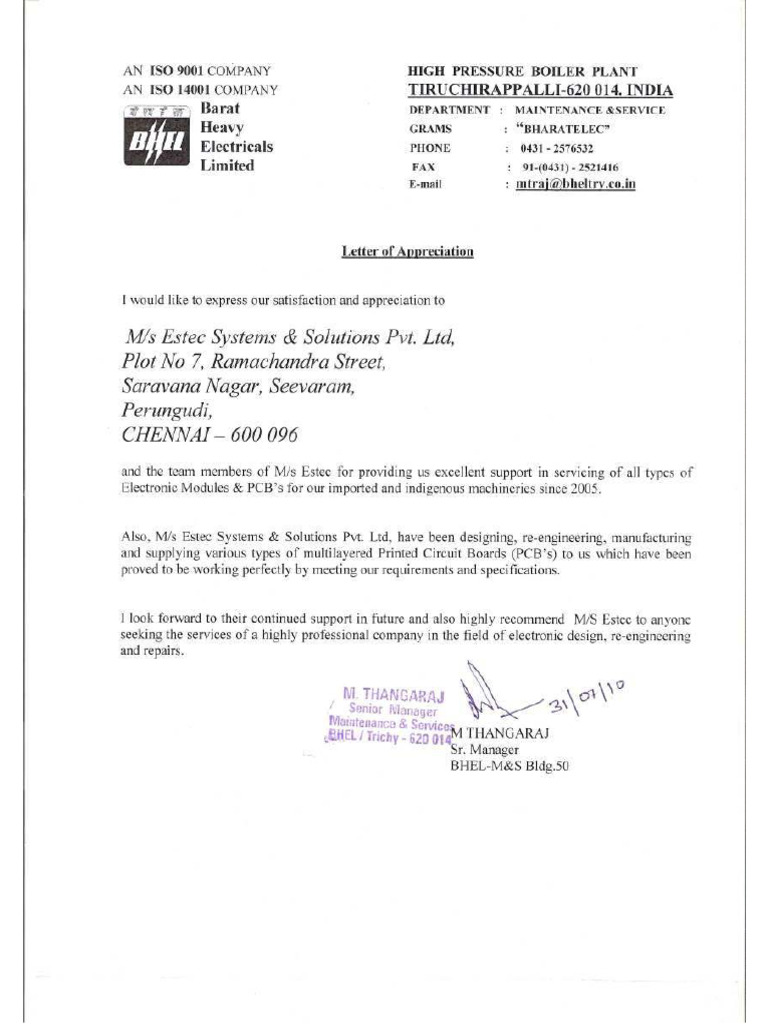 Bhel Tricy Appreciation Letter | PDF