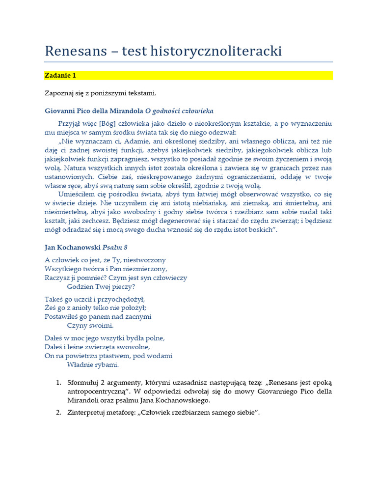 Renesans Test Historycznoliteracki | PDF