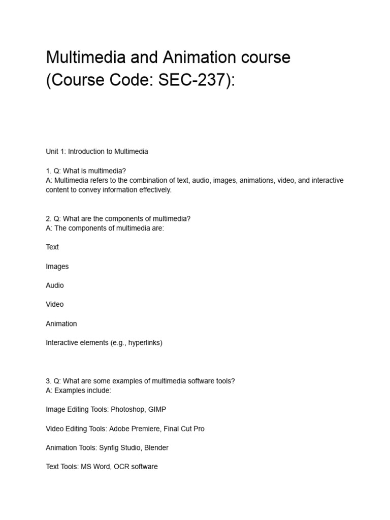 Viva Practice Questions of Multimedia and Animation Course (Course Code ...