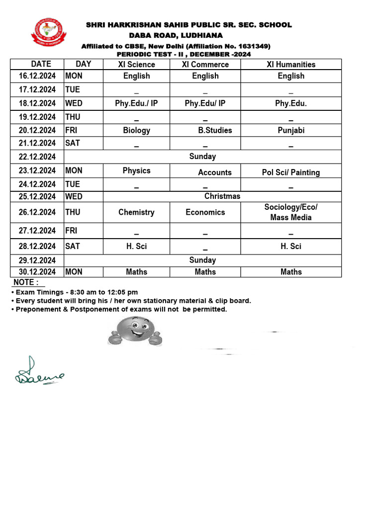 December 2024 Exam Schedule for XI Classes | PDF