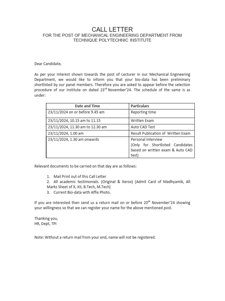 Call Letter From Tpi | PDF