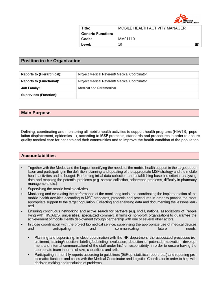 Mobile Health Activity Manager Role | PDF | Médecins Sans Frontières ...