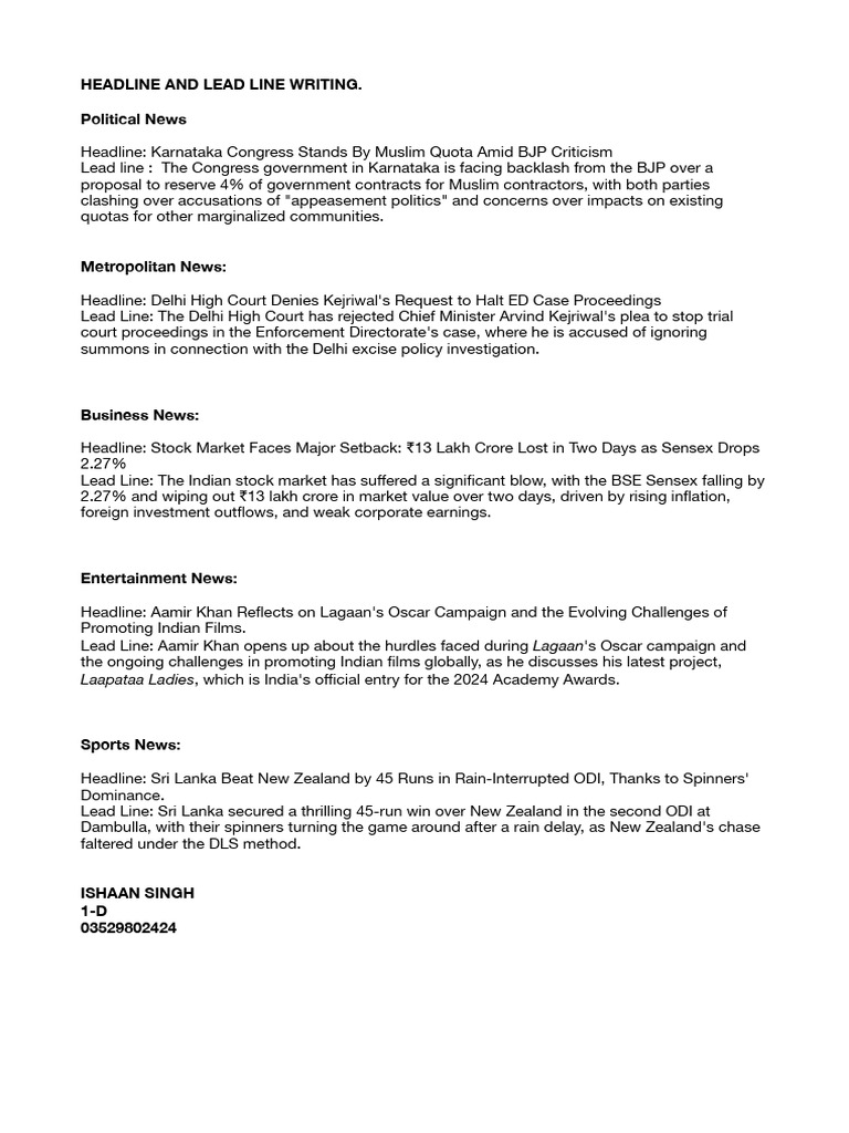 Lead and Headline Writing - Ishaan Singh | PDF