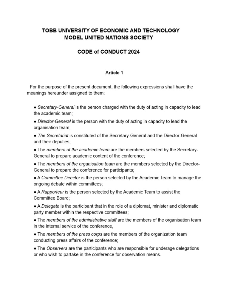 ETUMUN 2024 Code of Conduct Guidelines | PDF | Justice | Crime & Violence