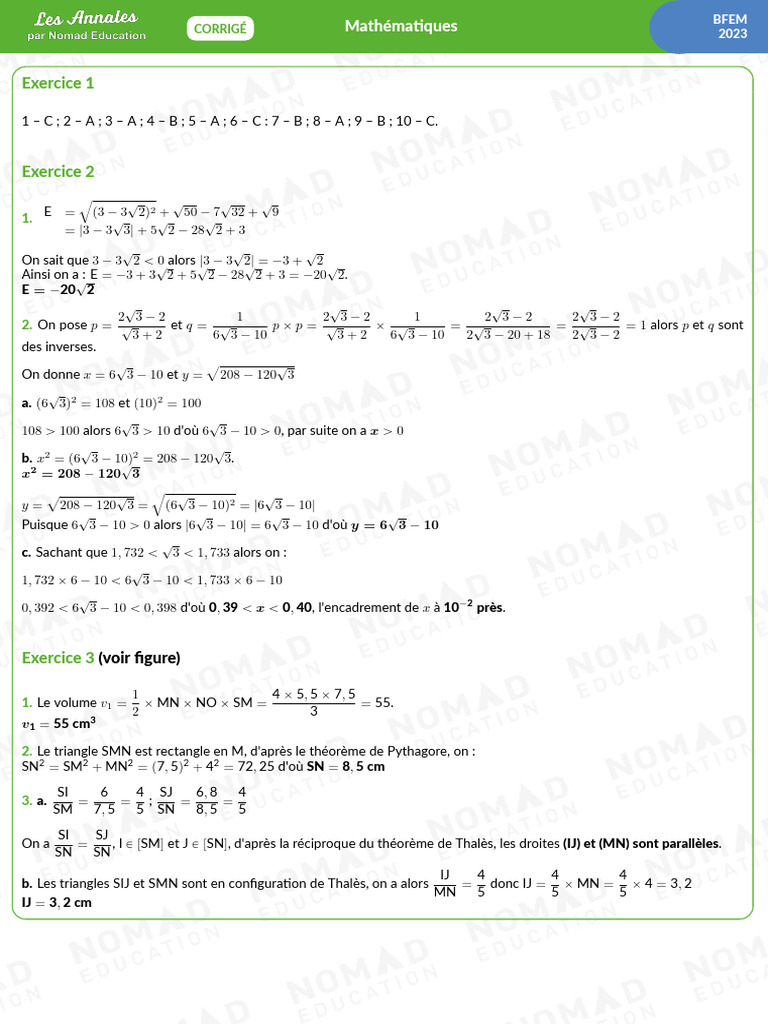 Corrigé Mathématiques BFEM 2023 | PDF | Géométrie | Géométrie euclidienne