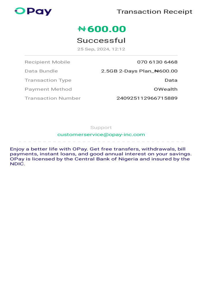 OPay Data Bundle Transaction Receipt | PDF