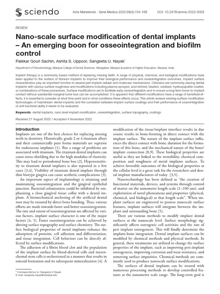 Nano-Scale Surface Modification of Dental Implants REVIEW 2022 | PDF ...