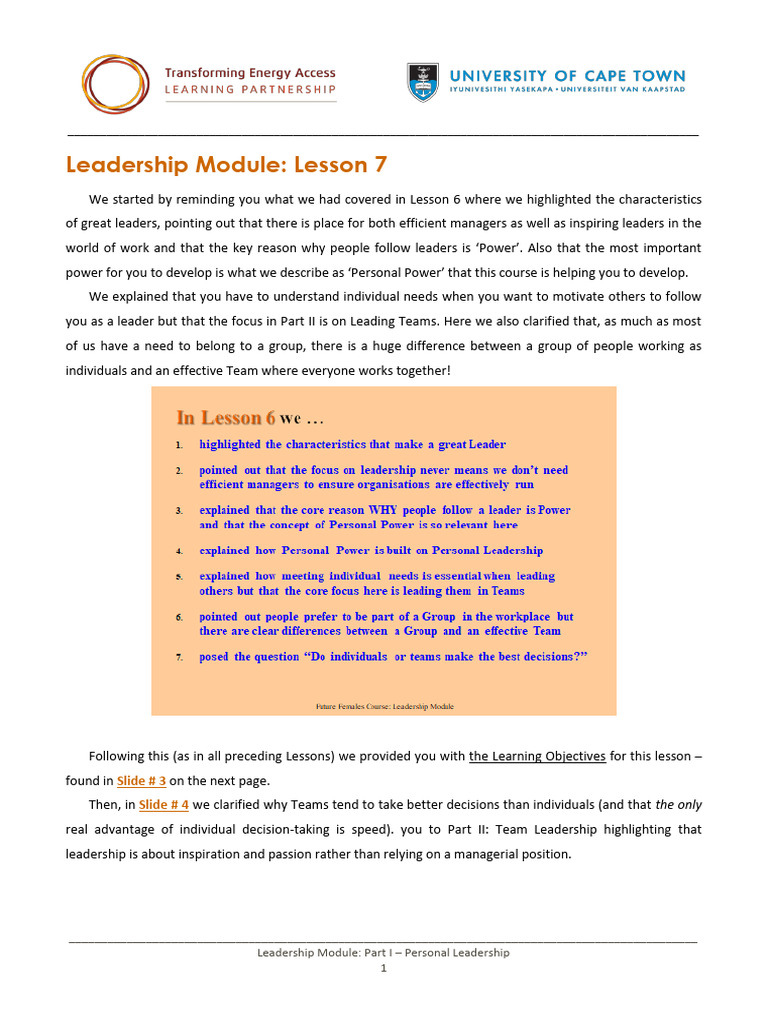 FF+Leadership+Module+Lesson+7+Reading | PDF | Leadership | Decision Making