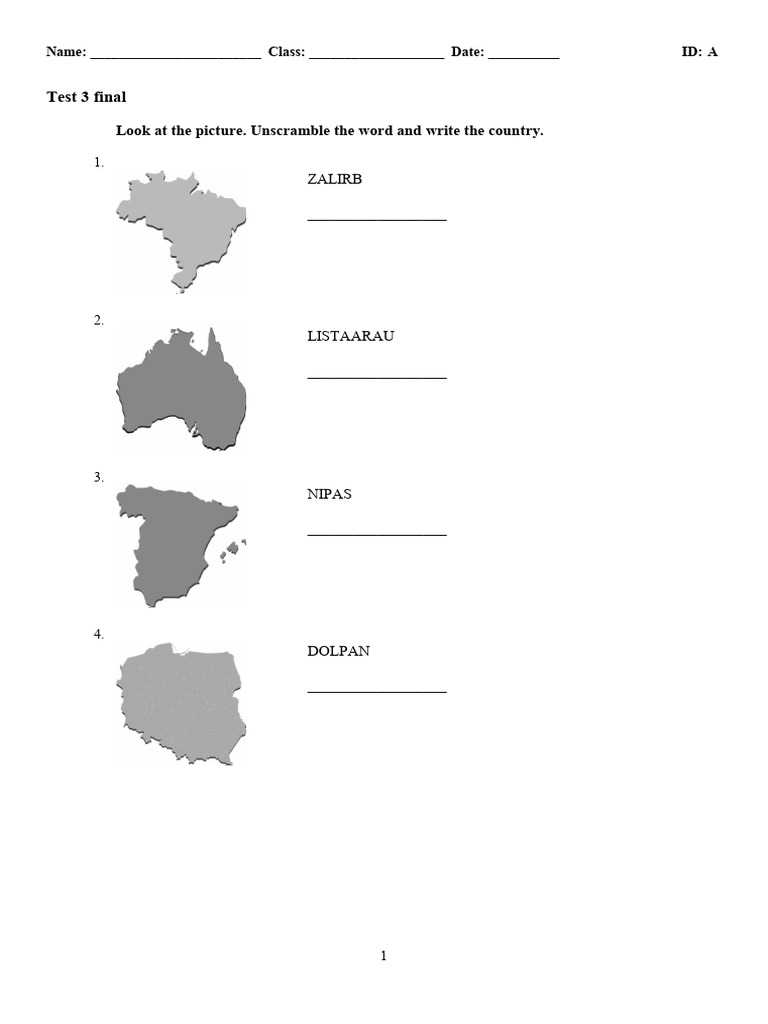 Country Unscramble and Grammar Test | PDF