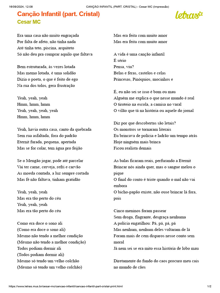 Letra da Canção Infantil de César MC | PDF