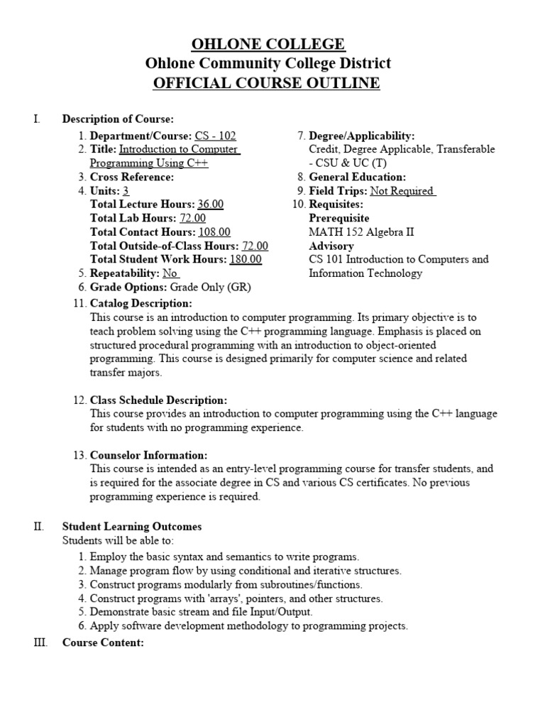 Intro to C++ Programming Course Outline | PDF | Control Flow ...