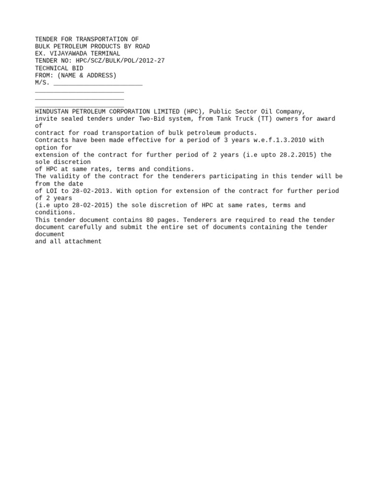 Tender for Bulk Petroleum Transport | PDF