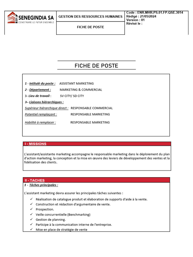Fiche de Poste : Assistant Marketing | PDF | Commercialisation | la ...