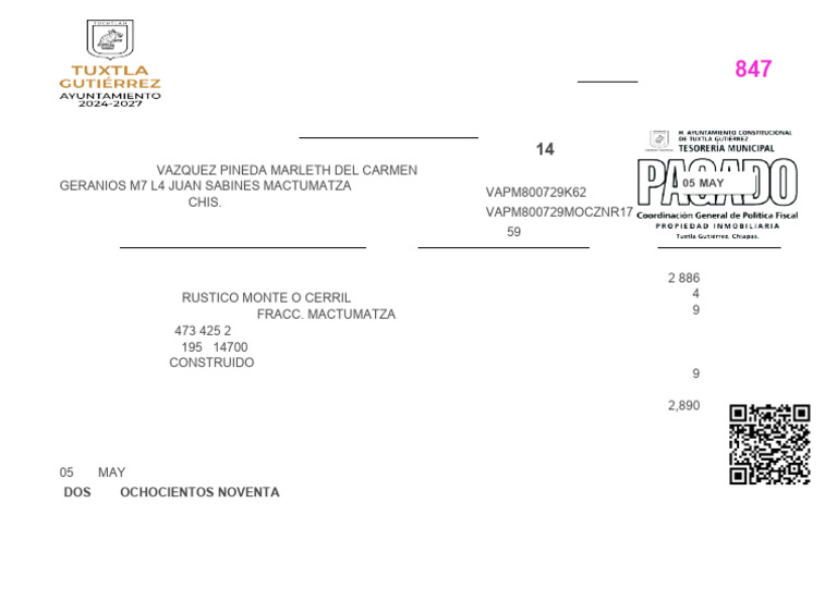 Recibo Oficial de Pago Predial Tuxla | PDF