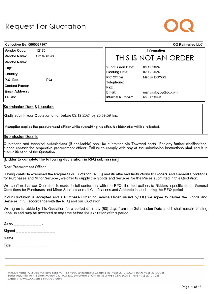 OQ Refineries LLC RFQ Submission Guide | PDF | Indemnity | Value Added Tax